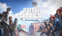 an advertisement for rules of survival battle royale game shows a group of people holding guns