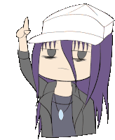 a drawing of a girl with purple hair wearing a hat