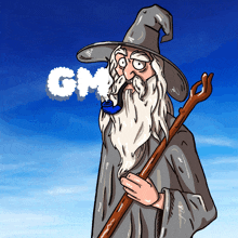 a cartoon of a wizard smoking a pipe with the word gm in the background