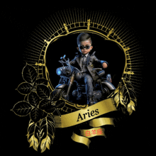 a boy is sitting on a motorcycle with the word aries written on a gold banner