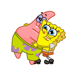 patrick star and spongebob are hugging each other on a white background