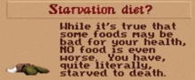 starvation diet while it 's true that some foods may be bad for your health no food is even worse quite literally starved to death