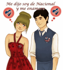 a cartoon of a man and a woman with the words me dijo soy de nacional y me enamore