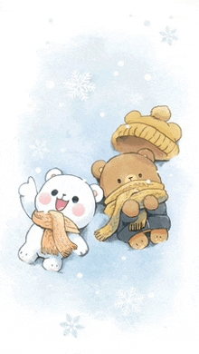 two bears wearing scarves and hats are standing in the snow