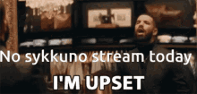 a man is standing in front of a closet with the words " no sykkuno stream today i 'm upset " above him