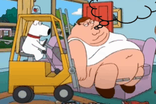 a cartoon of peter griffin sitting on a couch with a forklift in the background