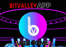 a welcome sign for the bitvalley app with a purple and blue logo