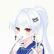 a girl with long white hair and red eyes is giving a peace sign .