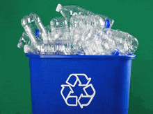 a blue recycling bin filled with plastic water bottles