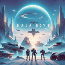 a poster for baja boys shows three soldiers standing in front of a dome