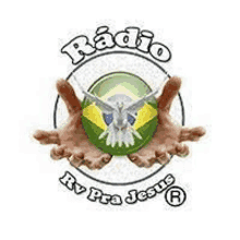 a logo for radio rv pra jesus with two hands reaching out towards a globe with a dove on it .