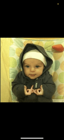 a baby wearing a hoodie and a white hat is laying on a blanket