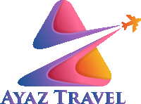 a colorful logo for ayaz travel with a plane flying through the air