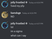 a screenshot of a conversation between jolly frostled liamdoge and jolly frostled