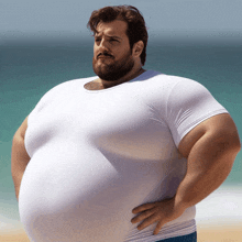 a man with a beard and a very large belly wears a white shirt