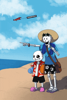 a cartoon of two skeletons on a beach with a undertale banner