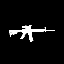 a white silhouette of an ar 15 rifle with a scope on a black background .