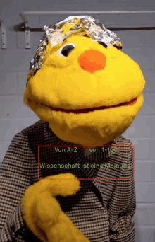 a yellow puppet is wearing a tin foil hat and the words von a-z von 1-100 wissenschaft ist eine meinung