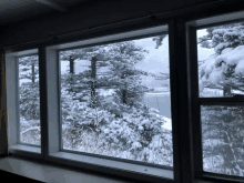 a window with a view of a snowy forest and a lake