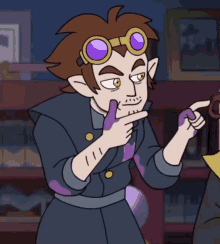 a cartoon character wearing purple goggles and a black jacket