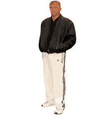 a man in a black leather jacket and white adidas sweatpants