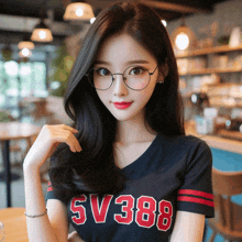 a girl wearing glasses and a shirt that says sv388 on it