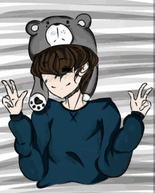 a drawing of a boy with a teddy bear hat on