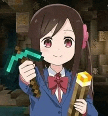 a girl in a school uniform is holding a pickaxe and a torch in her hands .