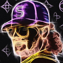 a fractal image of a man wearing a purple hat with the letter s on it