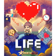 a pixel art of a man with a heart above his head and the word life below him