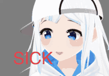 a girl with white hair and blue eyes has the word sick in red letters