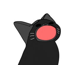 a black cat with its mouth open looks up