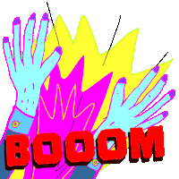 a cartoon drawing of two hands giving each other a high five and the word boom in red