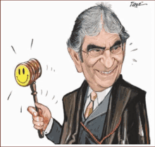 a cartoon of a man holding a gavel with a smiling face on it