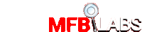 a red and white logo for mfb labs with a magnifying glass