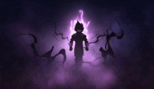 a silhouette of a person standing in the dark with a purple light coming out of their head .