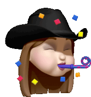 a cartoon woman wearing a black cowboy hat blowing a party horn