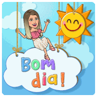 a cartoon woman is sitting on a cloud with the words bom dia written on it