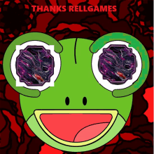 a green frog with a purple dragon on its eyes and the words thanks rellgames