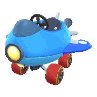 a blue toy airplane with red wheels and a steering wheel on a white background