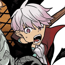 a drawing of a boy with white hair and a vampire cape