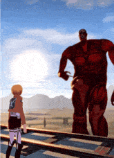 a cartoon character standing next to a giant monster