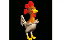 a cartoon chicken with a red crest is standing on a black background