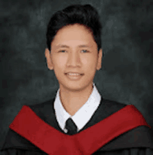 a young man is wearing a graduation cap and gown with a red sash around his neck .