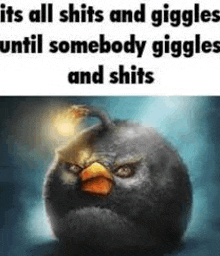 an angry bird with a bomb on its head is a meme .