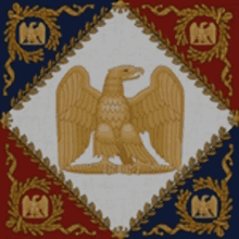 a red white and blue flag with a gold eagle