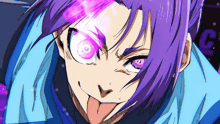 a close up of a person with purple hair making a funny face