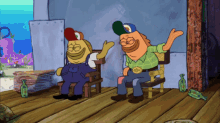 two cartoon characters are sitting on a wooden floor and one has a belt with the word spongebob on it