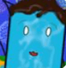 a close up of a cartoon character with a blue face and brown hair .