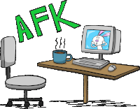 a cartoon drawing of a desk with a computer and a cup of coffee and the word afk above it